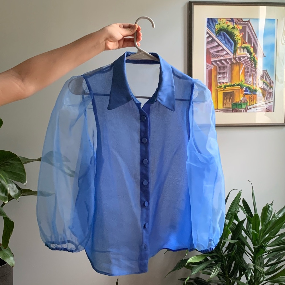 Zara Blue Mesh Collared Button Down